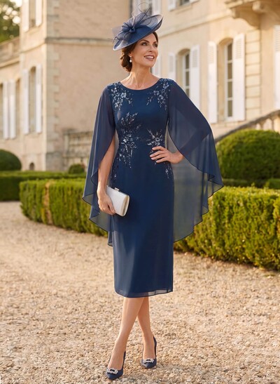 Sheath/Column Scoop Neck Cape Sleeves Tea-Length Chiffon/Lace Mother Of The Bride Dresses With Appliques Lace