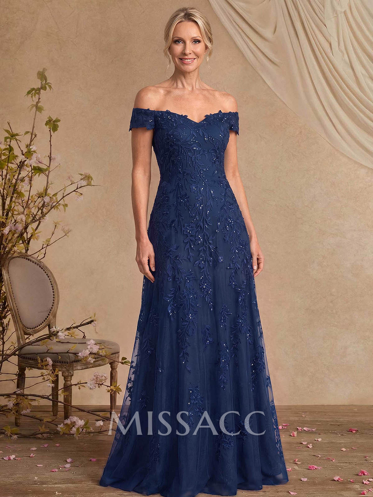 A-Line Off-The-Shoulder Sleeveless Floor-Length Chiffon/Lace Mother Of The Bride Dresses With Appliques Lace