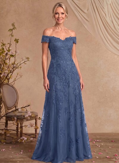 A-Line Off-The-Shoulder Sleeveless Floor-Length Chiffon/Lace Mother Of The Bride Dresses With Lace Appliques