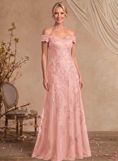 A-Line Off-The-Shoulder Sleeveless Floor-Length Chiffon/Lace Mother Of The Bride Dresses With Lace Appliques