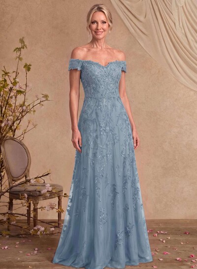 A-Line Off-The-Shoulder Sleeveless Floor-Length Chiffon/Lace Mother Of The Bride Dresses With Appliques Lace