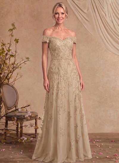 A-Line Off-The-Shoulder Sleeveless Floor-Length Chiffon/Lace Mother Of The Bride Dresses With Appliques Lace