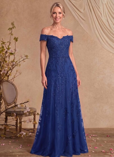 A-Line Off-The-Shoulder Sleeveless Floor-Length Chiffon/Lace Mother Of The Bride Dresses With Lace Appliques