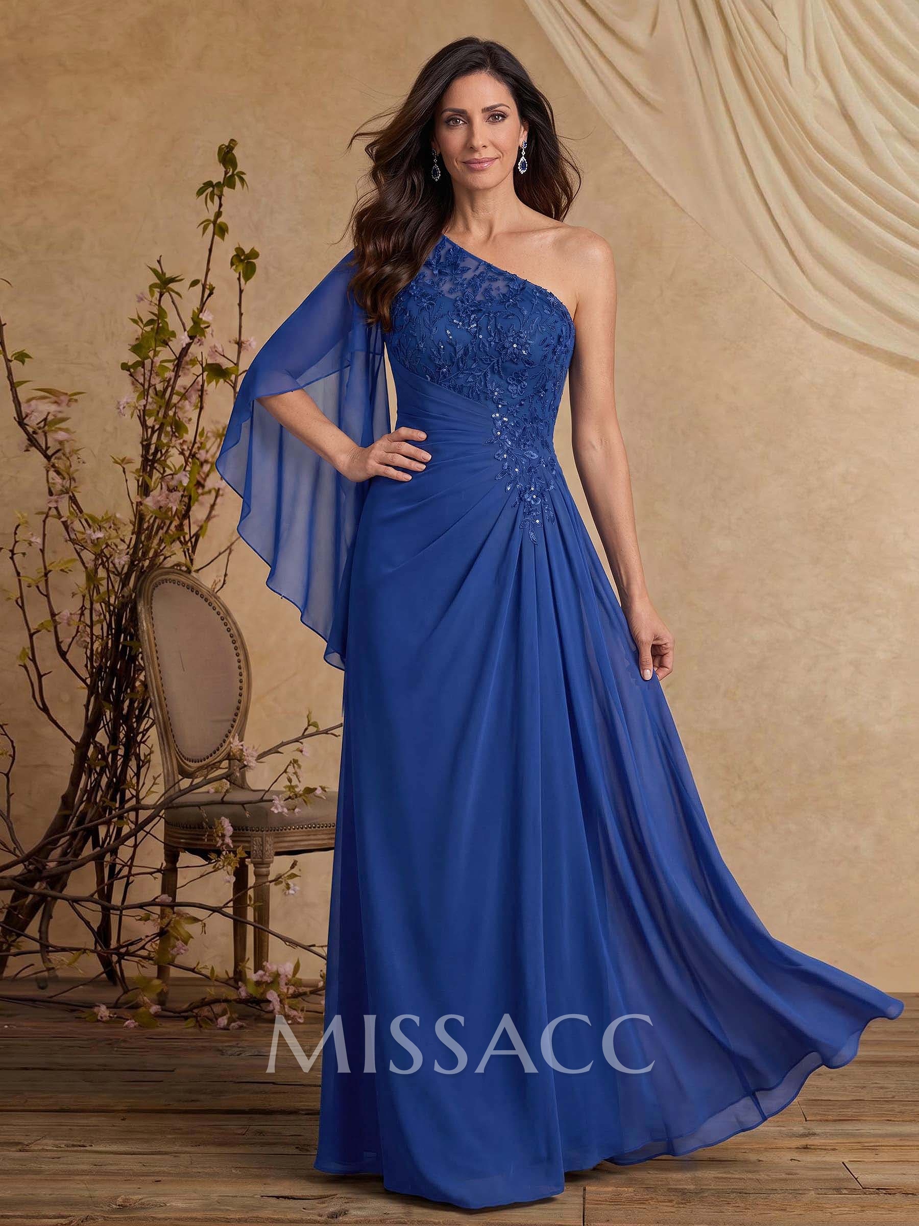 A-Line One-Shoulder Cape Sleeves Floor-Length Chiffon/Lace Mother Of The Bride Dresses With Appliques Lace