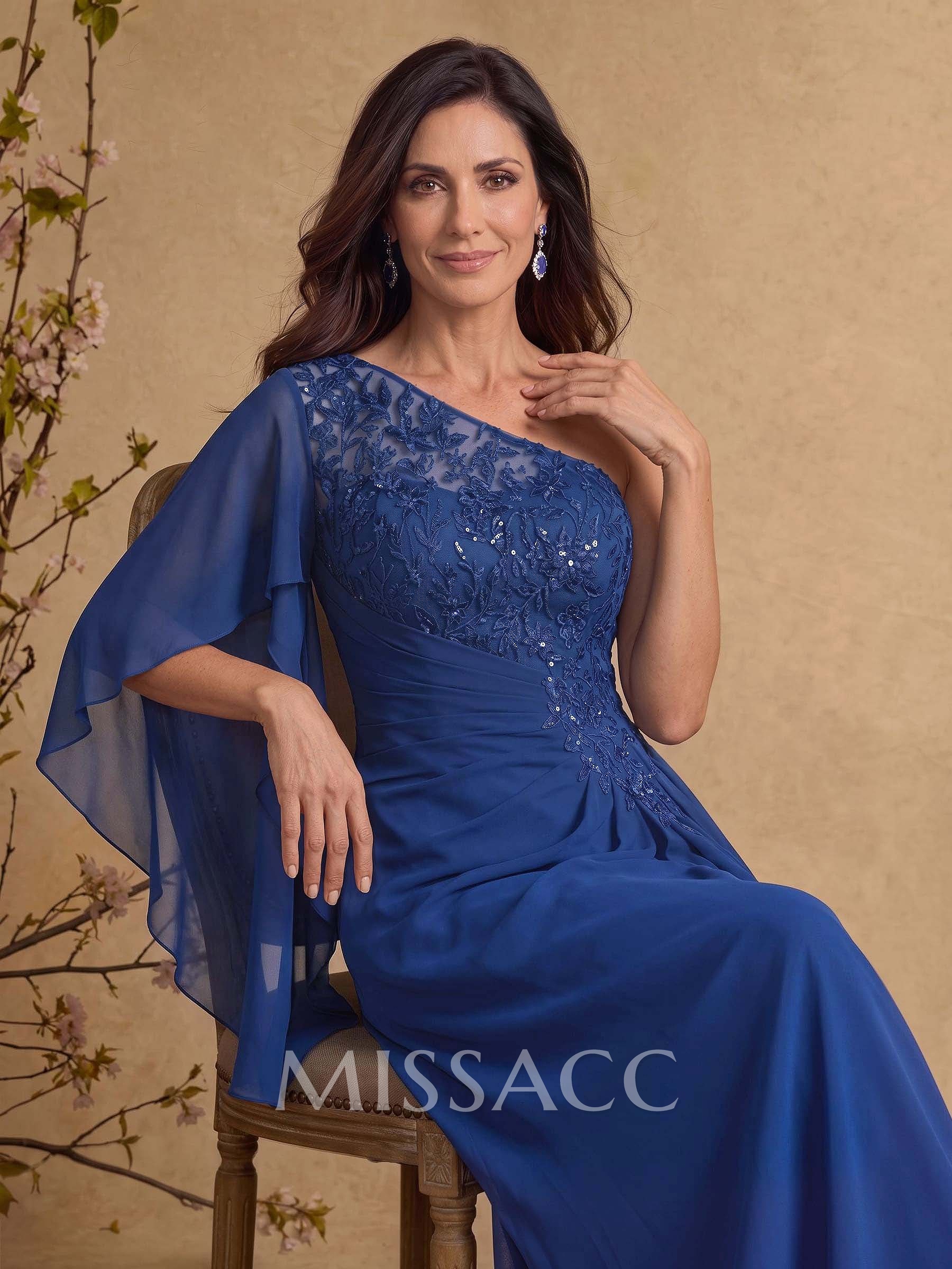 A-Line One-Shoulder Cape Sleeves Floor-Length Chiffon/Lace Mother Of The Bride Dresses With Appliques Lace