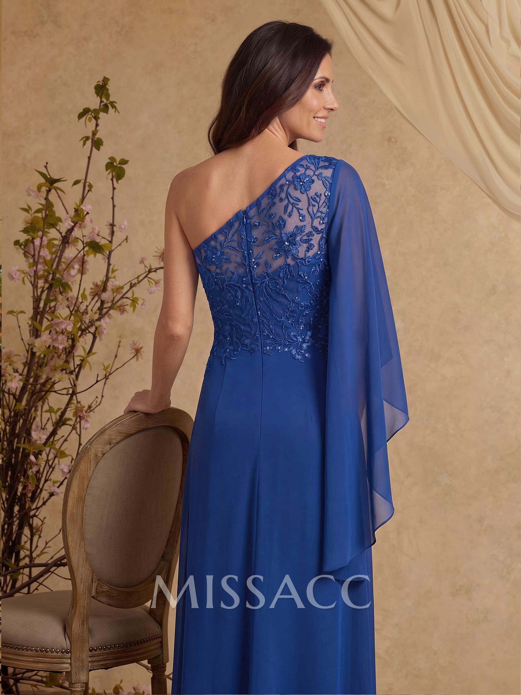 A-Line One-Shoulder Cape Sleeves Floor-Length Chiffon/Lace Mother Of The Bride Dresses With Appliques Lace