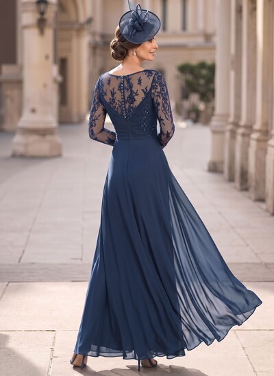 Sheath/Column Scoop Neck Long Sleeve Tops Floor-Length Chiffon/Non-Stretch Lace Mother Of The Bride Dresses With Lace Appliqués