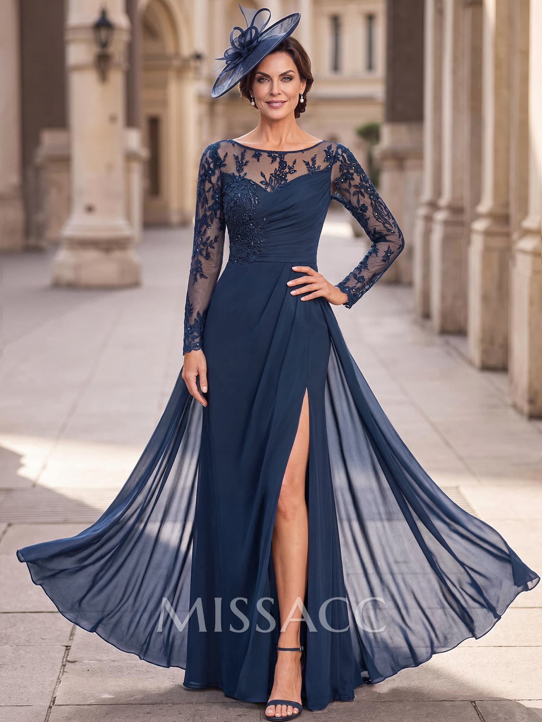 Sheath/Column Scoop Neck Long Sleeve Tops Floor-Length Chiffon/Non-Stretch Lace Mother Of The Bride Dresses With Lace Appliqués