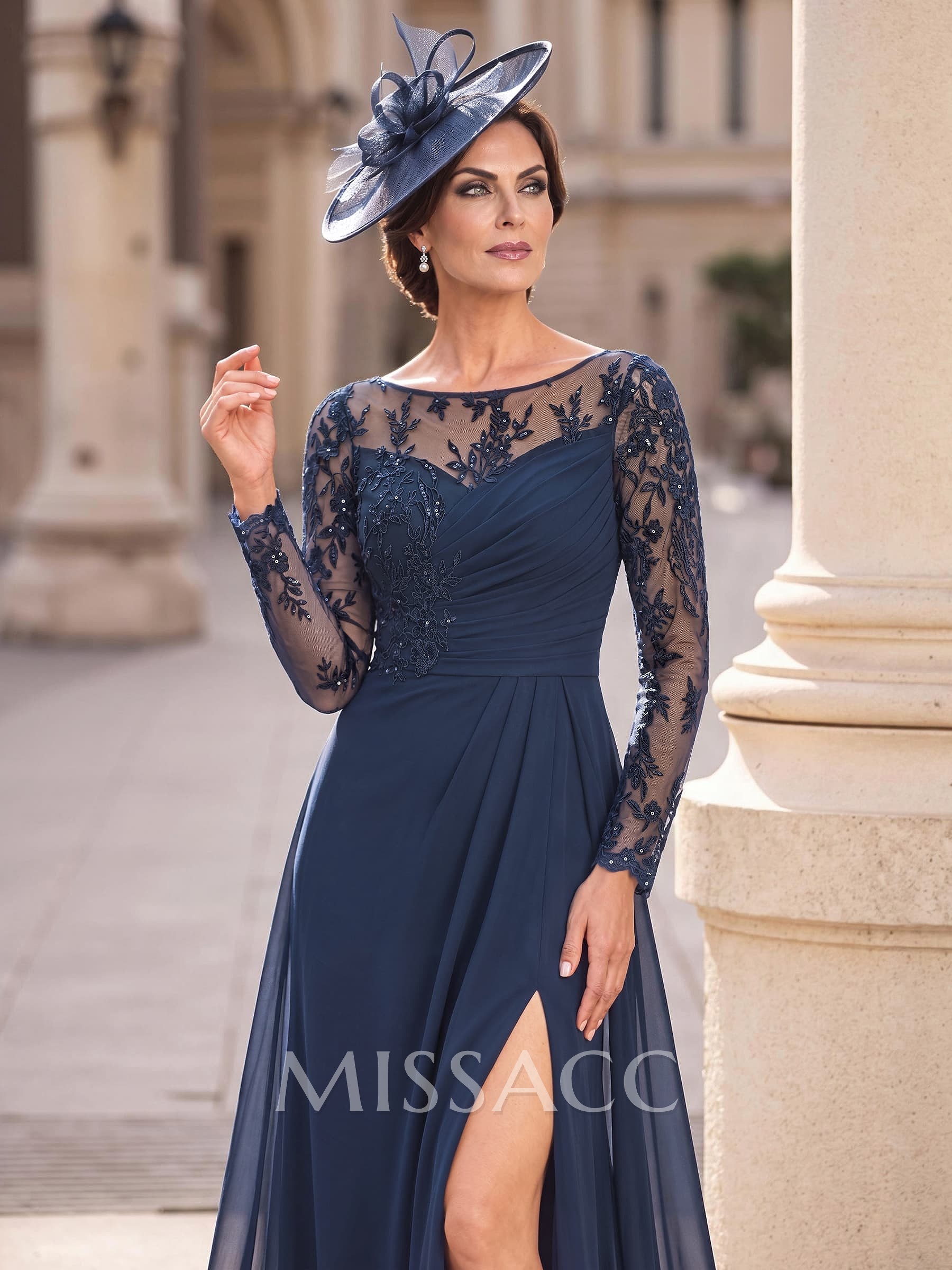 Sheath/Column Scoop Neck Long Sleeve Tops Floor-Length Chiffon/Non-Stretch Lace Mother Of The Bride Dresses With Lace Appliqués