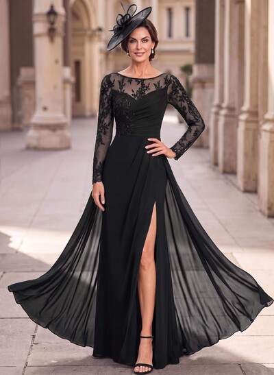 Sheath Scoop Neck Long Sleeve Maxi Chiffon And Lace Mother Of The Bride Dress With Lace Appliques