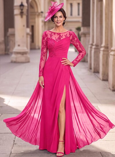 Sheath Scoop Neck Long Sleeve Maxi Chiffon And Lace Mother Of The Bride Dress With Lace Appliques