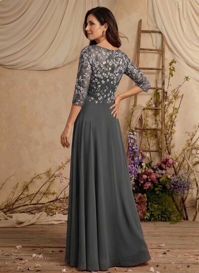 A-Line Scoop Neck 3/4 Sleeves Floor-Length Chiffon/Tulle Mother Of The Bride Dresses With Appliques Lace