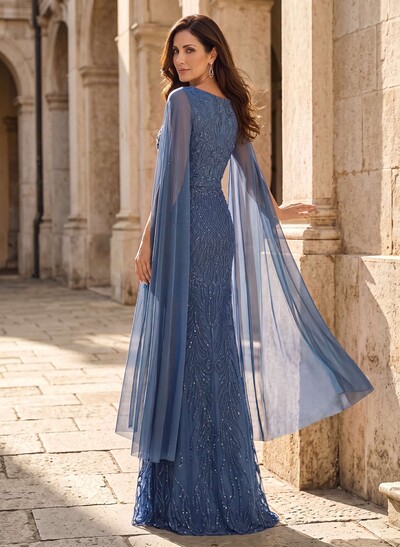 Sheath/Column V-Neck Cape Sleeves Sweep Train Chiffon/Lace/Tulle Mother Of The Bride Dresses With Appliques Lace