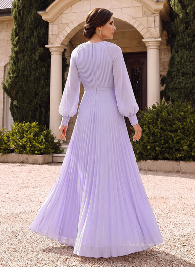 A-Line Scoop Neck Long Sleeves Floor-Length Chiffon Mother Of The Bride Dresses With Pleated/High Split