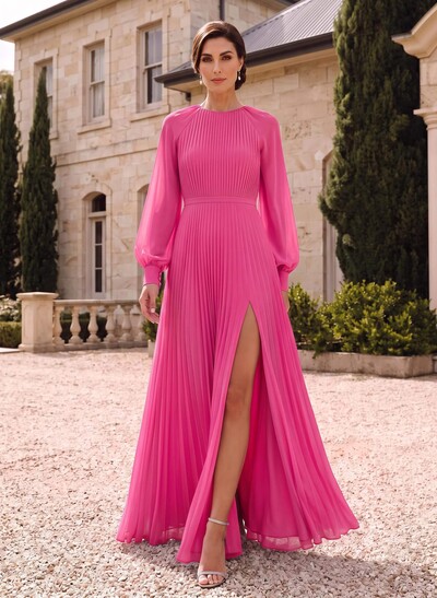 A-Line Scoop Neck Long Sleeves Floor-Length Chiffon Mother Of The Bride Dresses With Pleated/High Split