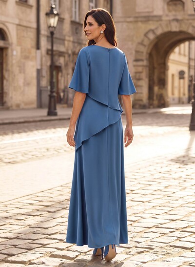 A-Line Scoop Neck 1/2 Sleeves Floor-Length Crepe Satin Mother Of The Bride Dresses With Sequins/Rhinestone