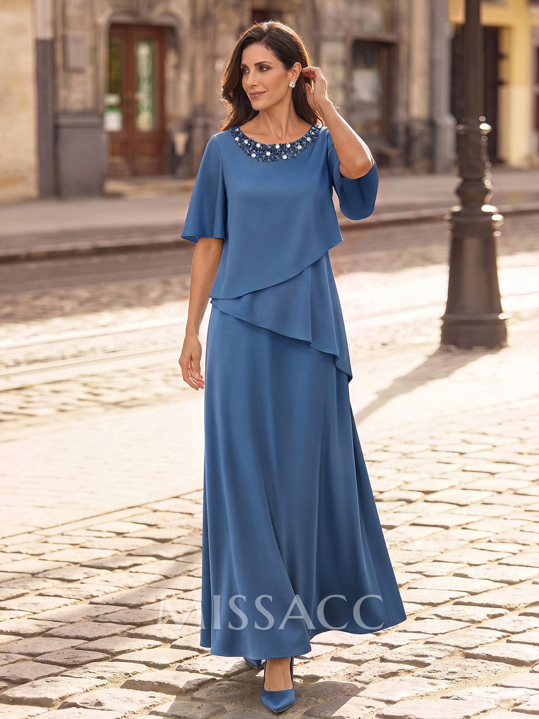 A-Line Scoop Neck 1/2 Sleeves Floor-Length Crepe Satin Mother Of The Bride Dresses With Sequins/Rhinestone