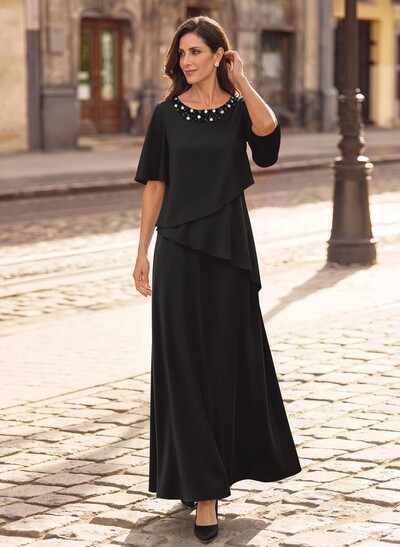 A-Line Scoop Neck 1/2 Sleeves Floor-Length Crepe Satin Mother Of The Bride Dresses With Sequins/Rhinestone