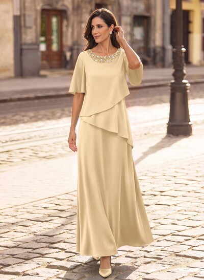 A-Line Scoop Neck 1/2 Sleeves Floor-Length Crepe Satin Mother Of The Bride Dresses With Sequins/Rhinestone