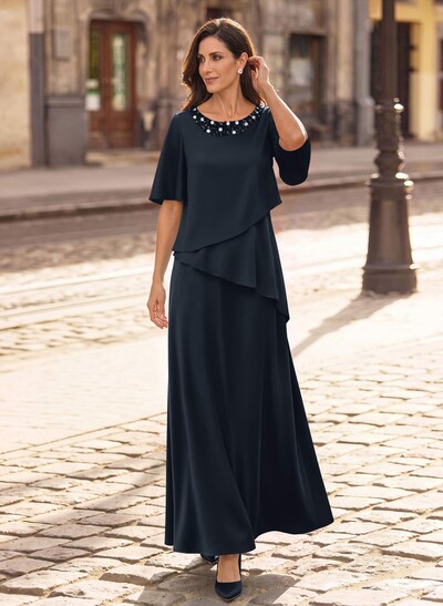 A-Line Scoop Neck 1/2 Sleeves Floor-Length Crepe Satin Mother Of The Bride Dresses With Sequins/Rhinestone