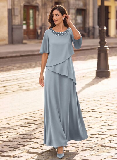 A-Line Scoop Neck 1/2 Sleeves Floor-Length Crepe Satin Mother Of The Bride Dresses With Sequins/Rhinestone