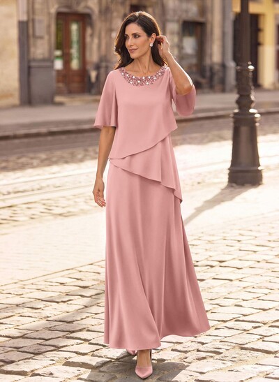 A-Line Scoop Neck 1/2 Sleeves Floor-Length Crepe Satin Mother Of The Bride Dresses With Sequins/Rhinestone