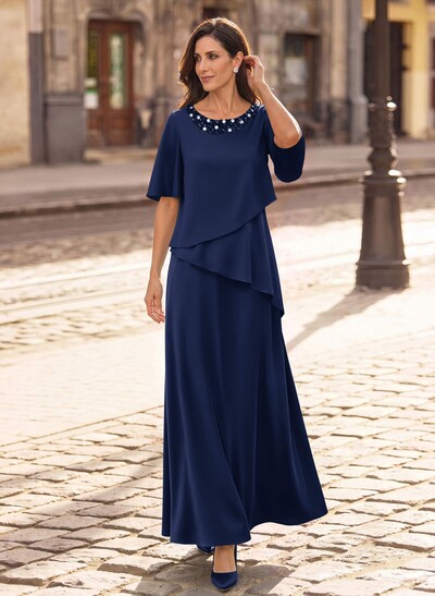 A-Line Scoop Neck 1/2 Sleeves Floor-Length Crepe Satin Mother Of The Bride Dresses With Sequins/Rhinestone