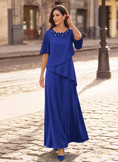 A-Line Scoop Neck 1/2 Sleeves Floor-Length Crepe Satin Mother Of The Bride Dresses With Sequins/Rhinestone
