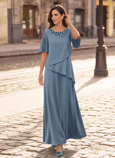 A-Line Scoop Neck 1/2 Sleeves Floor-Length Crepe Satin Mother Of The Bride Dresses With Sequins/Rhinestone