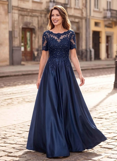 A-Line Scoop Neck Short Sleeves Floor-Length Satin Mother Of The Bride Dresses With Sequins/Appliques Lace