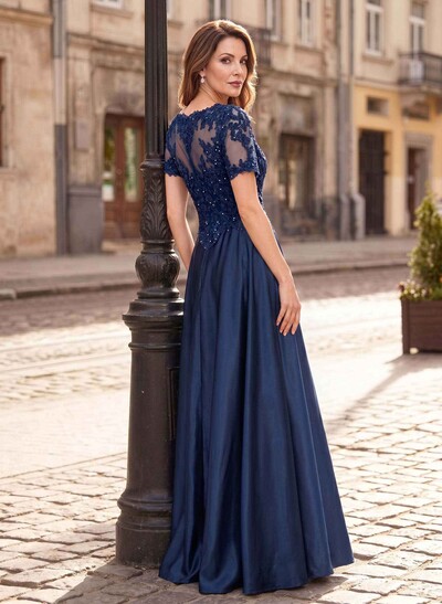 A-Line Scoop Neck Short Sleeves Floor-Length Satin Mother Of The Bride Dresses With Sequins/Appliques Lace