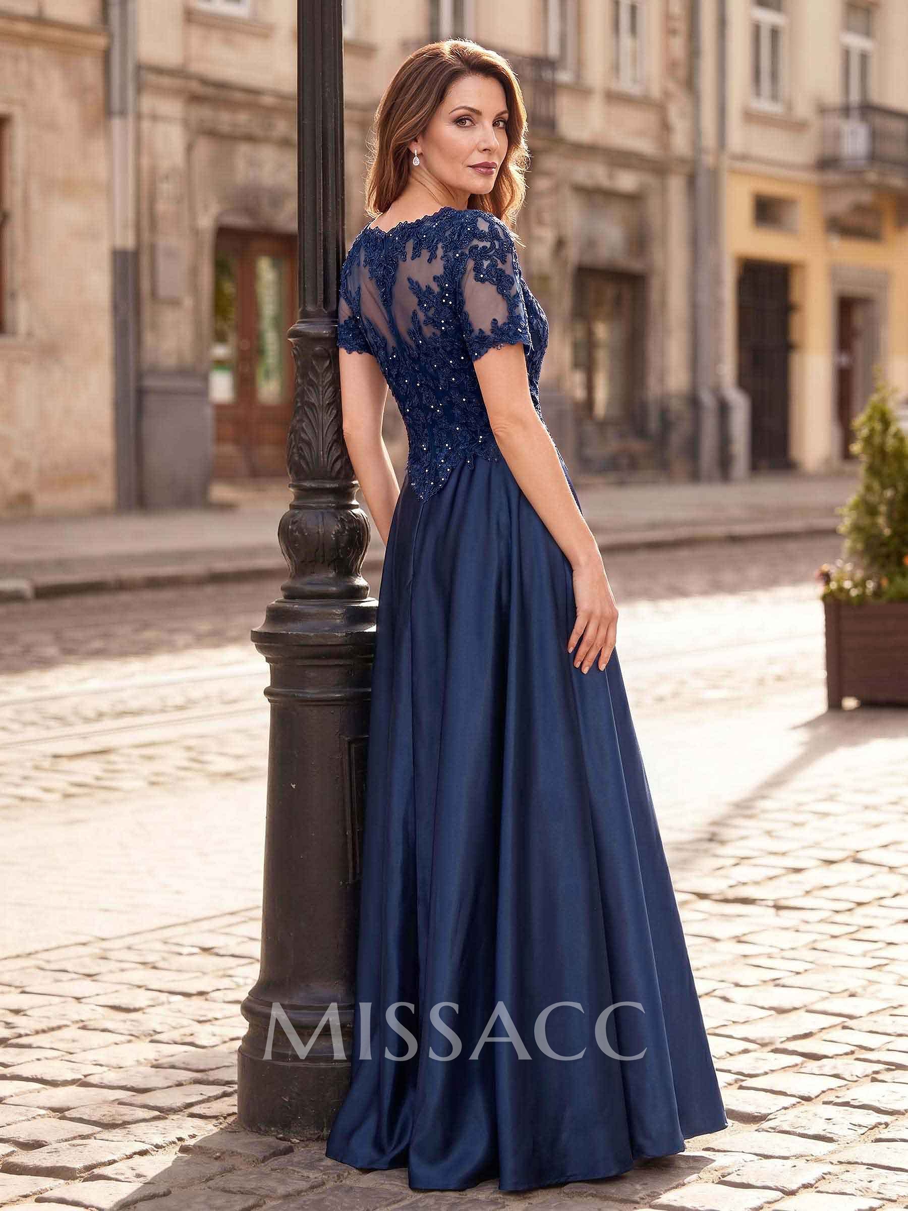A-Line Scoop Neck Short Sleeves Floor-Length Satin Mother Of The Bride Dresses With Sequins/Appliques Lace