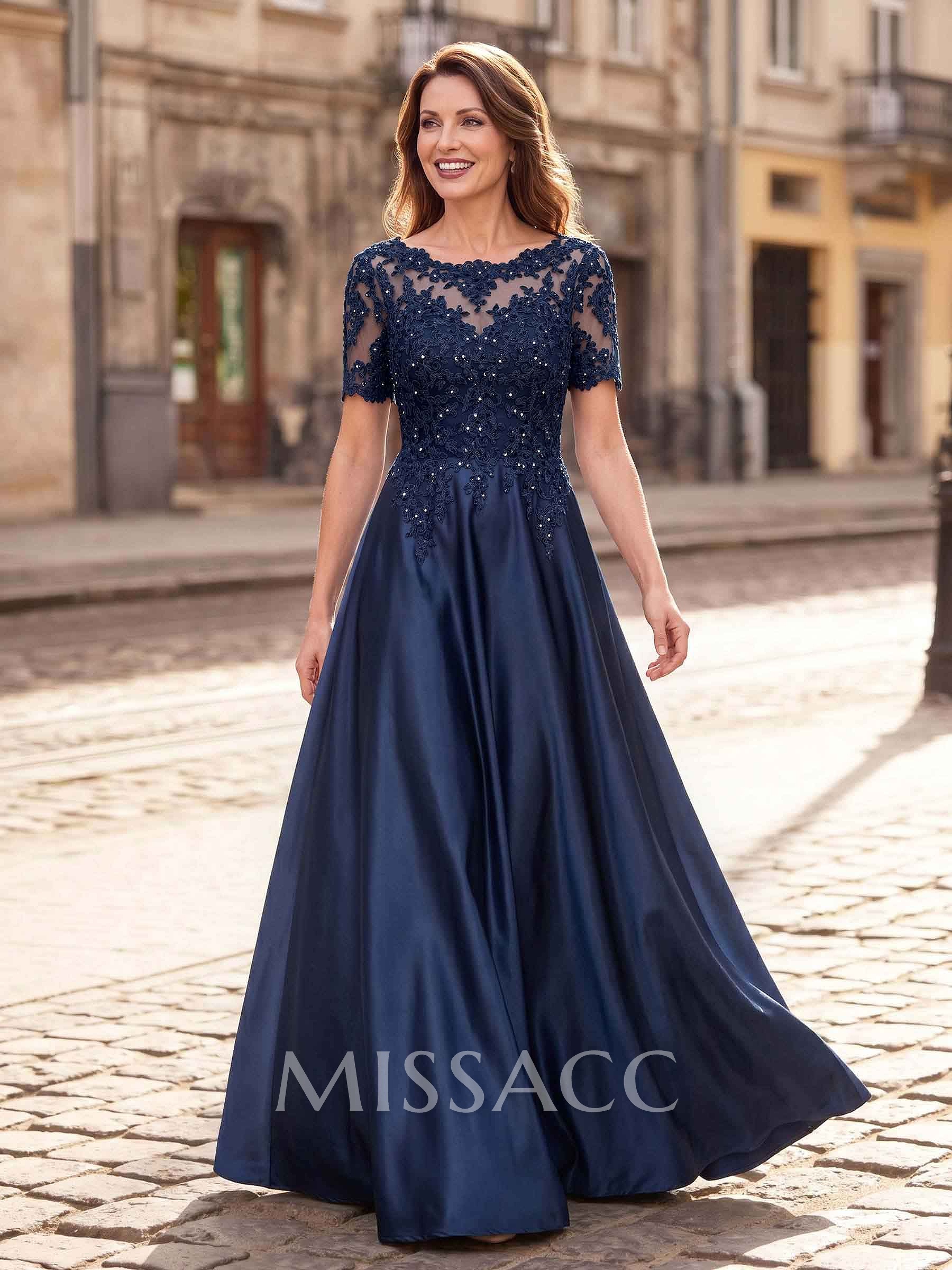 A-Line Scoop Neck Short Sleeves Floor-Length Satin Mother Of The Bride Dresses With Sequins/Appliques Lace