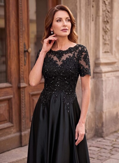 A-Line Scoop Neck Short Sleeve Floor-Length Satin Mother of the Bride Dresses with Sequins and Lace Appliques