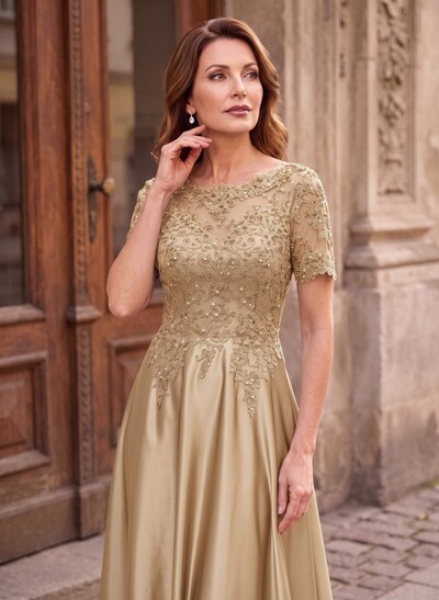 A-Line Scoop Neck Short Sleeves Floor-Length Satin Mother Of The Bride Dresses With Sequins/Appliques Lace