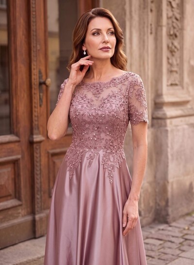A-Line Scoop Neck Short Sleeves Floor-Length Satin Mother Of The Bride Dresses With Sequins/Appliques Lace