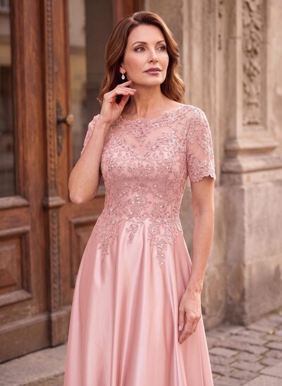 A-Line Scoop Neck Short Sleeves Floor-Length Satin Mother Of The Bride Dresses With Sequins/Appliques Lace