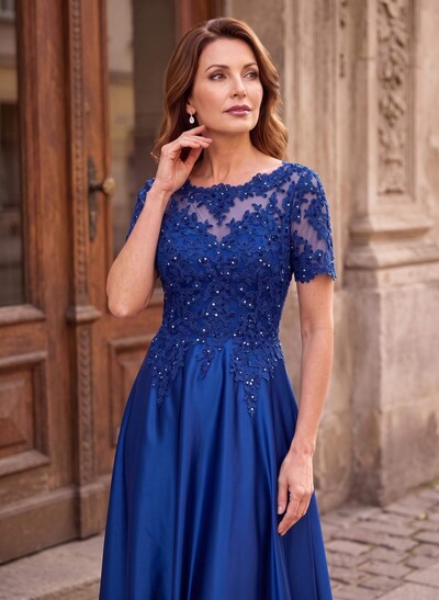A-Line Scoop Neck Short Sleeve Floor-Length Satin Mother of the Bride Dresses with Sequins and Lace Appliques