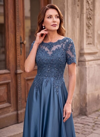A-Line Scoop Neck Short Sleeve Floor-Length Satin Mother of the Bride Dresses with Sequins and Lace Appliqués