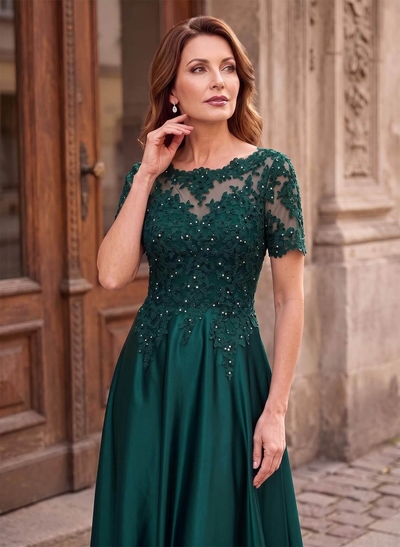 A-Line Scoop Neck Short Sleeves Floor-Length Satin Mother Of The Bride Dresses With Sequins/Appliques Lace