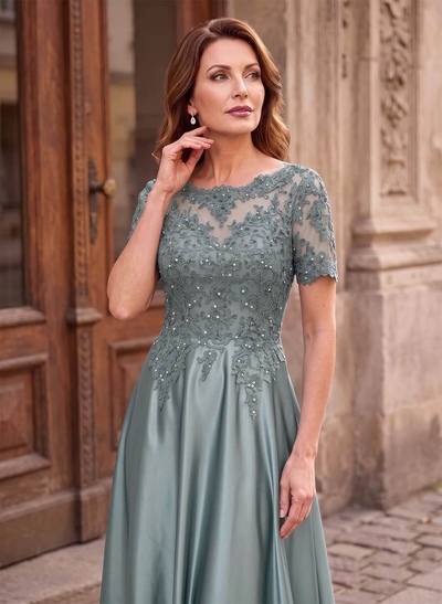 A-Line Scoop Neck Short Sleeves Floor-Length Satin Mother Of The Bride Dresses With Sequins/Appliques Lace