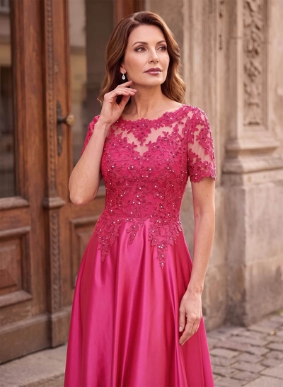 A-Line Scoop Neck Short Sleeves Floor-Length Satin Mother Of The Bride Dresses With Sequins/Appliques Lace