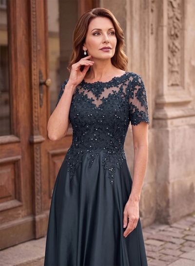 A-Line Scoop Neck Short Sleeves Floor-Length Satin Mother Of The Bride Dresses With Sequins/Appliques Lace