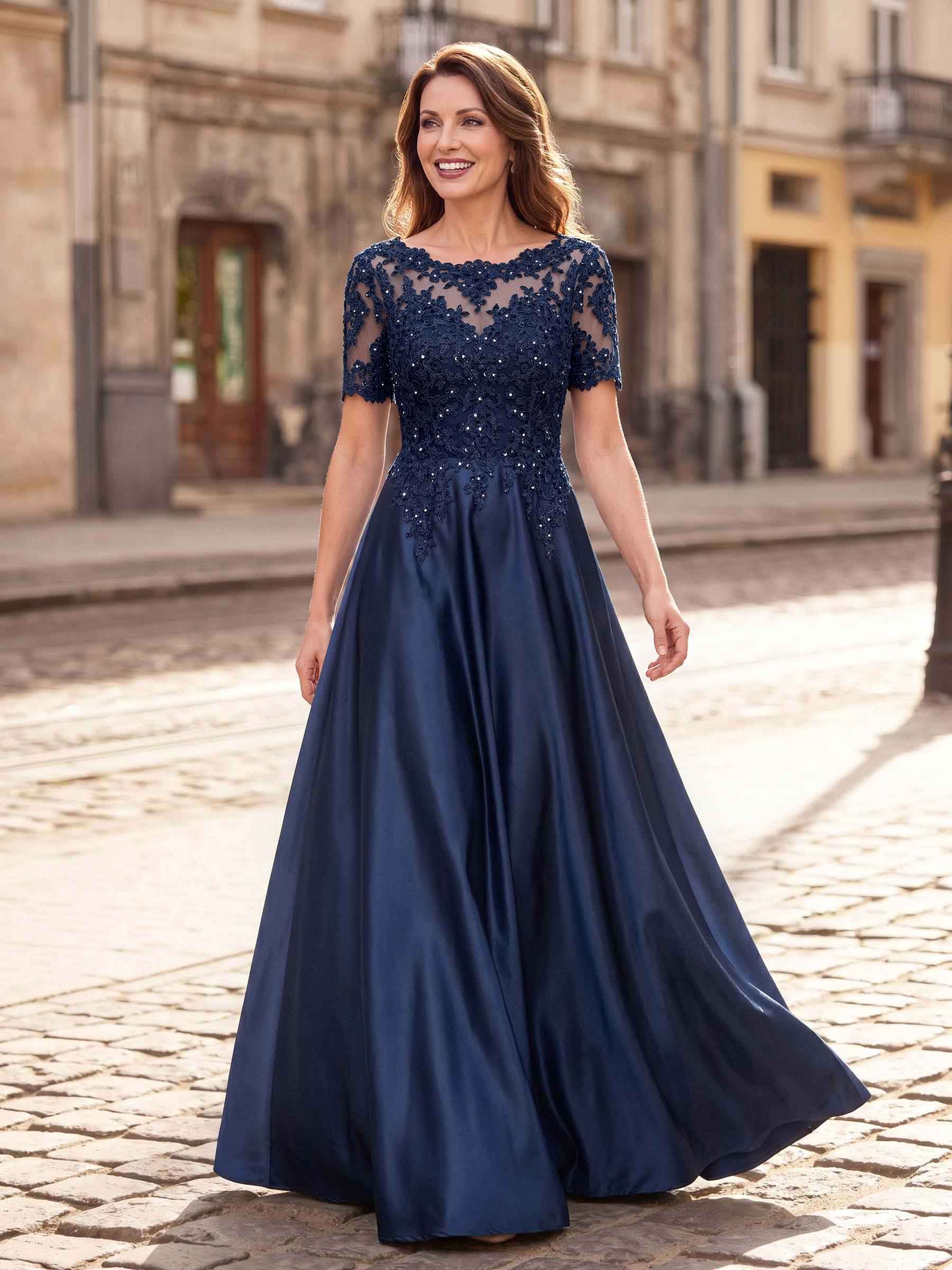 A-Line Scoop Neck Short Sleeves Floor-Length Satin Mother Of The Bride Dresses With Sequins/Appliques Lace
