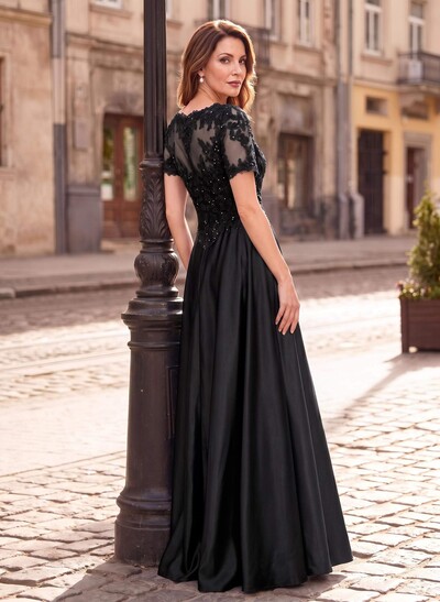 A-Line Scoop Neck Short Sleeve Floor-Length Satin Mother Of The Bride Dresses With Sequins And Lace Appliques