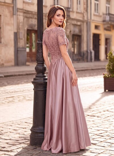 A-Line Scoop Neck Short Sleeves Floor-Length Satin Mother Of The Bride Dresses With Sequins/Appliques Lace