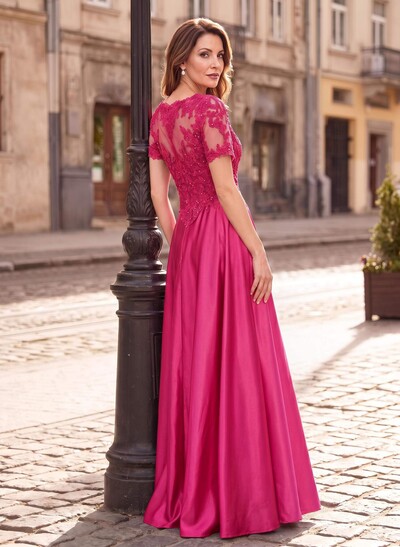A-Line Scoop Neck Short Sleeve Floor-Length Satin Mother Of The Bride Dresses With Sequins And Lace Appliques