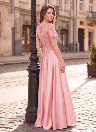 A-Line Scoop Neck Short Sleeves Floor-Length Satin Mother Of The Bride Dresses With Sequins/Appliques Lace