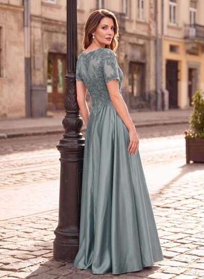 A-Line Scoop Neck Short Sleeves Floor-Length Satin Mother Of The Bride Dresses With Sequins/Appliques Lace