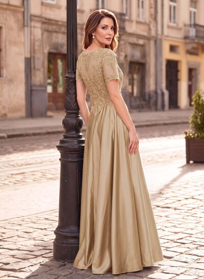 A-Line Scoop Neck Short Sleeves Floor-Length Satin Mother Of The Bride Dresses With Sequins/Appliques Lace